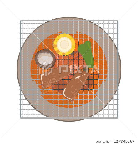 角形焼き網で七輪焼き肉をするイラスト 127849267