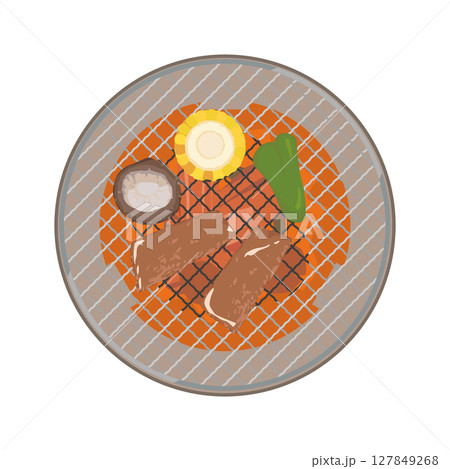 丸形焼き網で七輪焼き肉をするイラスト 丸形焼き網で七輪焼き肉をするイラスト 127849268