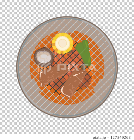 丸形焼き網で七輪焼き肉をするイラスト 丸形焼き網で七輪焼き肉をするイラスト 127849268