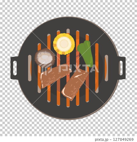 Illustration of grilling meat on a charcoal grill 127849269