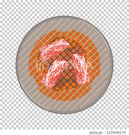 Illustration of grilling meat on a round grill 127849274