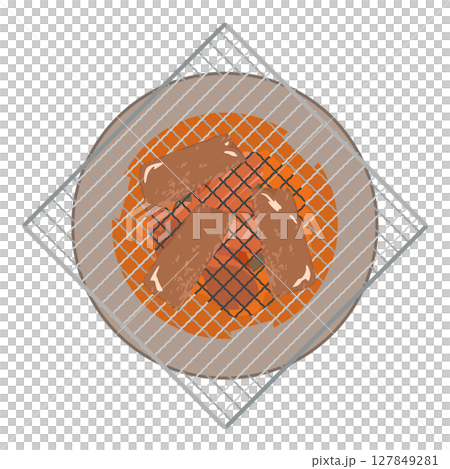 角形網で七輪焼き肉をするイラスト 127849281