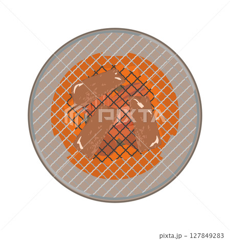 丸形網で七輪焼肉をするイラスト 127849283