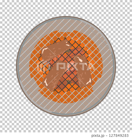 Illustration of grilling meat on a round grill 127849283