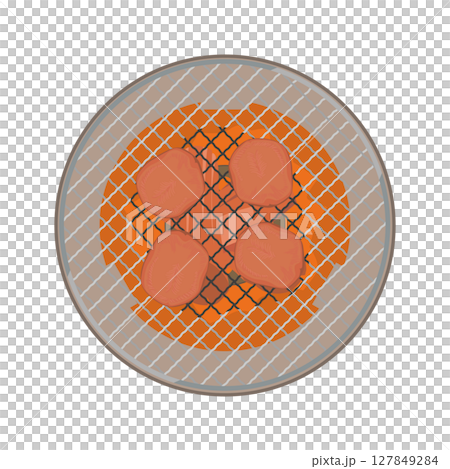 Illustration of grilling meat on a round grill 127849284
