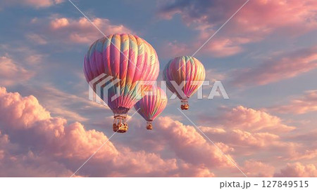retro flying hot air balloon with clouds and sky 127849515