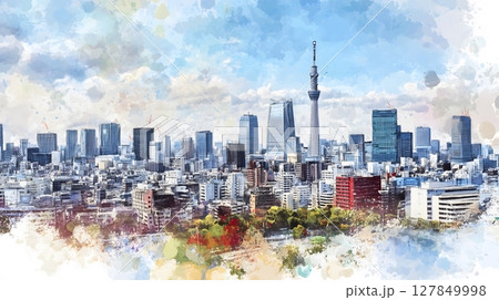 Tokyo Skyline Watercolor Artwork Featuring Tokyo Skytree and Urban Cityscape Tokyo Skyline Watercolor Artwork Featuring Tokyo Skytree and Urban Cityscape 127849998