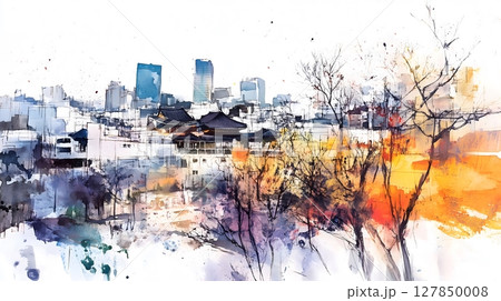 Watercolor Cityscape of Seoul Traditional Temple and Modern Skyscrapers at Sunset Watercolor Cityscape of Seoul Traditional Temple and Modern Skyscrapers at Sunset 127850008