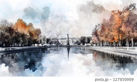 Watercolor Landscape of Classical Building with Reflecting Pool and Autumn Trees 127850009