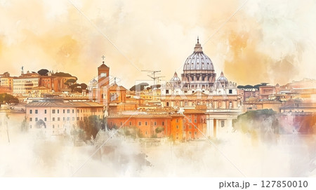 Watercolor Painting of Vatican City and Rome Skyline with St Peters Basilica 127850010
