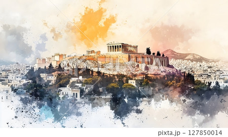 Acropolis of Athens Watercolor Panorama Ancient Greek Landmark Sunset Cityscape 127850014
