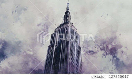 Empire State Building Rising Through Misty Purple Clouds Architectural Landmark Empire State Building Rising Through Misty Purple Clouds Architectural Landmark 127850017