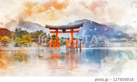 Floating Itsukushima Shrine Torii Gate at Miyajima Japan Watercolor Painting Landscape Floating Itsukushima Shrine Torii Gate at Miyajima Japan Watercolor Painting Landscape 127850018