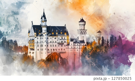 Neuschwanstein Castle Watercolor Landscape Autumn Misty Forest Magical Fairytale Scene 127850025