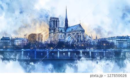 Notre Dame Cathedral Paris Blue Toned Cityscape Reflection Seine River Architectural Landmark 127850026