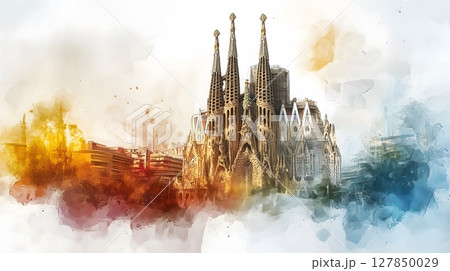 Sagrada Familia Barcelona Watercolor Cityscape Architectural Landmark Artistic Skyline 127850029