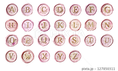 ピンクのシーリングスタンプ風アルファベットセット・花柄＆ゴールド文字｜ウェディング素材 127850311