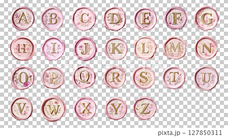 ピンクのシーリングスタンプ風アルファベットセット・花柄＆ゴールド文字｜ウェディング素材 127850311
