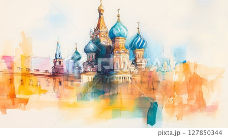 Watercolor Illustration of Saint Basils Cathedral Moscow Russia Colorful Architectural Landmark 127850344