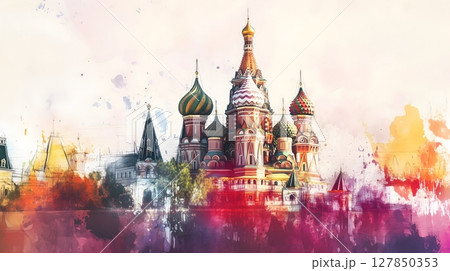 Artistic Watercolor Painting of Saint Basils Cathedral Moscow Russia Landmark Architecture 127850353