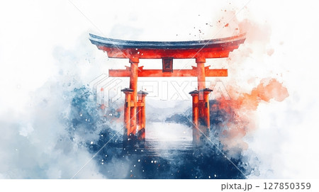 Ethereal Itsukushima Torii Gate Watercolor Painting Floating Shrine Mystical Japanese Landscape 127850359