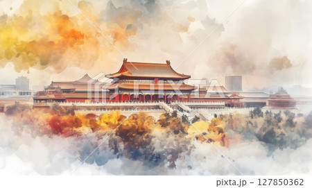 Forbidden City Beijing Watercolor Painting Misty Autumn Landscape with Traditional Chinese Architecture 127850362
