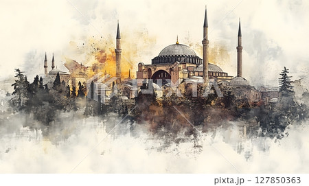 Hagia Sophia Artistic Watercolor Cityscape Istanbul Historic Landmark Architectural Panorama Hagia Sophia Artistic Watercolor Cityscape Istanbul Historic Landmark Architectural Panorama 127850363