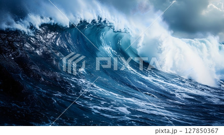Massive Ocean Wave Breaking with Powerful Spray and Deep Blue Tones 127850367