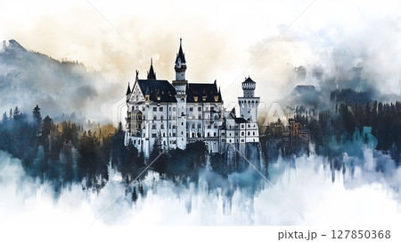 Misty Neuschwanstein Castle Emerging from Foggy Bavarian Alpine Forest Landscape 127850368