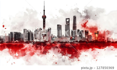 Shanghai Skyline Watercolor Artistic Cityscape with Red and White Dramatic Painting Effect 127850369