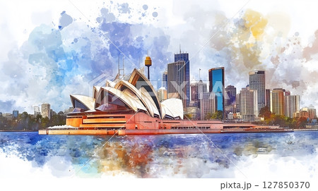 Sydney Opera House and City Skyline Watercolor Artistic Landscape Sydney Opera House and City Skyline Watercolor Artistic Landscape 127850370