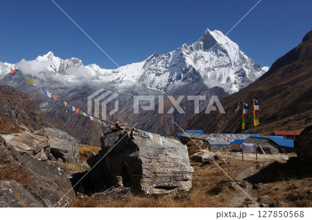 View of Machapuchare Peak from Annapurna Base Camp (ABC) in Nepal Himalaya. View of Machapuchare Peak from Annapurna Base Camp (ABC) in Nepal Himalaya. 127850568