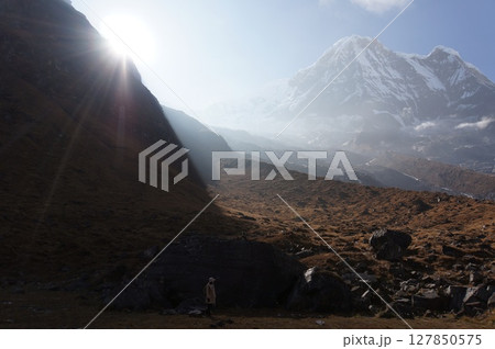 Sunrise view at Annapurna Mountain from Annapurna Base Camp (ABC) in Nepal Himalaya. 127850575