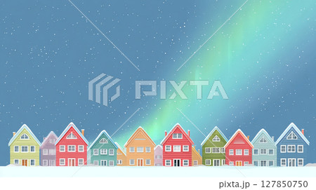 カラフルな北欧風住宅と雪空に揺らめくオーロラ 127850750