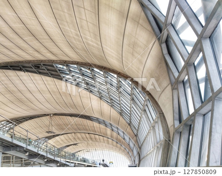 the complex architectural design of a glass ceiling supported by a steel framework, showcasing the beauty of modern construction the complex architectural design of a glass ceiling supported by a steel framework, showcasing the beauty of modern construction 127850809