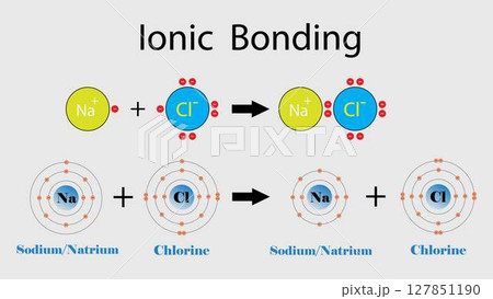 illustration of chemistry, ionic bonding, ionic compound is a chemical compound composed of ions held together by electrostatic forces termed ionic bonding, Ionic bond and electrostatic attraction 127851190