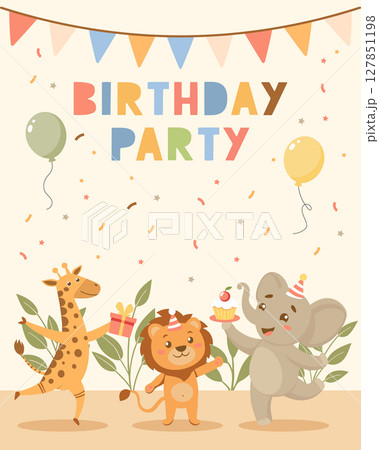 Birthday party invitation card with adorable animals and gifts. Birthday greeting card. Illustration for postcard, invitation, poster, print. 127851198