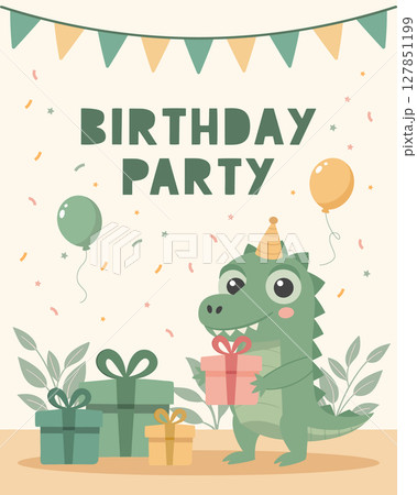 Birthday party invitation card with cute crocodile and gift box. Birthday greeting card. Illustration for postcard, invitation, poster, print. 127851199