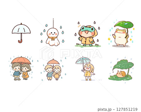梅雨素材のデフォルメイラスト集、セット、まとめ売り、アイコン、背景なし、素材集、背景なし 127851219