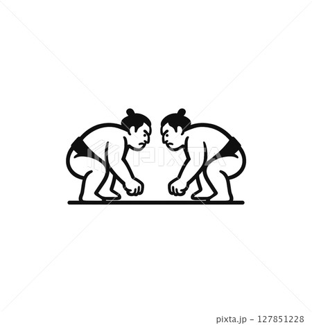 向かい合って構える二人の力士の線画アイコン、イラスト、素材、背景なし 127851228
