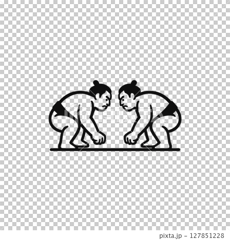向かい合って構える二人の力士の線画アイコン、イラスト、素材、背景なし 127851228