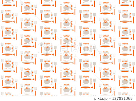 オレンジとグレーで描かれた魚とカトラリーの料理パターン背景｜魚,フォーク,ナイフ,トマト,波,食材 127851369