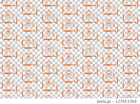 オレンジとグレーで描かれた魚とカトラリーの料理パターン背景｜魚,フォーク,ナイフ,トマト,波,食材 127851369