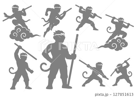 西遊記の主人公である孫悟空のアクションシルエット 西遊記の主人公である孫悟空のアクションシルエット 127851613