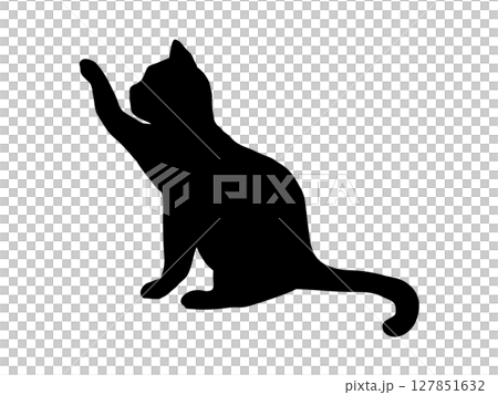 座って手を伸ばすネコのシルエット 127851632