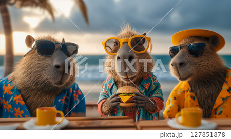 Capybaras are having breakfast in a cafe on the seashore, happy funny rodents enjoy burgers and coffee in their favorite cafe, 3d drawing for advertising a snack bar Capybaras are having breakfast in a cafe on the seashore, happy funny rodents enjoy burgers and coffee in their favorite cafe, 3d drawing for advertising a snack bar 127851878