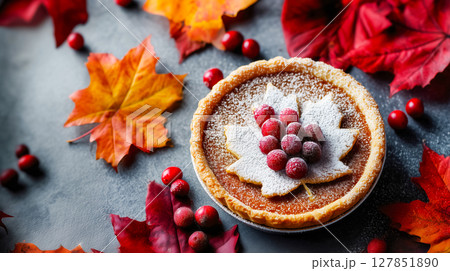 Top view of homemade pumpkin pie decorated with maple leaf, colorful autumn leaves on table nearby, homemade Thanksgiving baking, fall and family holidays 127851890