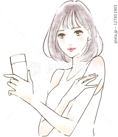 化粧ツールを持つ女性 日焼け止めを塗る 紫外線ケア 化粧ツールを持つ女性 日焼け止めを塗る 紫外線ケア 127851903