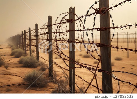 有刺鉄線が巻かれたフェンス 127852532