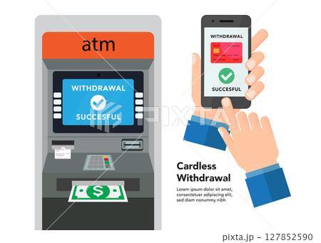 Businesman using the smart phone for cardless withdrawing the cash near the ATM stock illustration 127852590